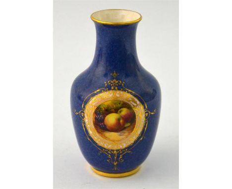 A Royal Worcester vase, with a fruit decoration panel on a powder blue ground, signed Moseley and date code for 1931. Height 