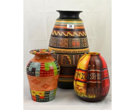 Three Peruvian ceramic vases, all with geometric designs. two signed Luca Lulli, painted marks to base. 20th century. Tallest