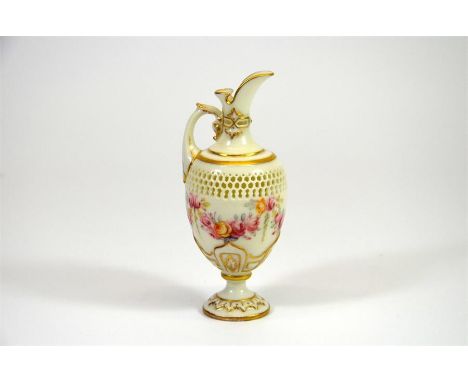 A Royal Worcester ewer with pierced decoration by George Owen and floral garlands by Harry Chair, circa 1920. Incised signatu