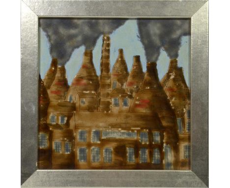 A Cobridge stoneware tile 'Bottle Ovens'. Dated 98. Impressed and printed marks. 20cm x 20cm.