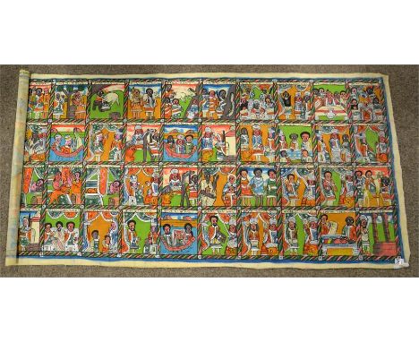 A painted cloth panel, depicting the story of the Queen of Sheba. First referred to in the tale of her visit to King Solomon 