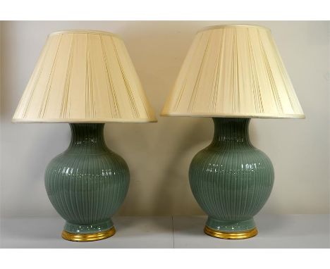 A pair of large sage green ceramic table lamps, with pleated shades. Height of lamp stands 44cm. (2)