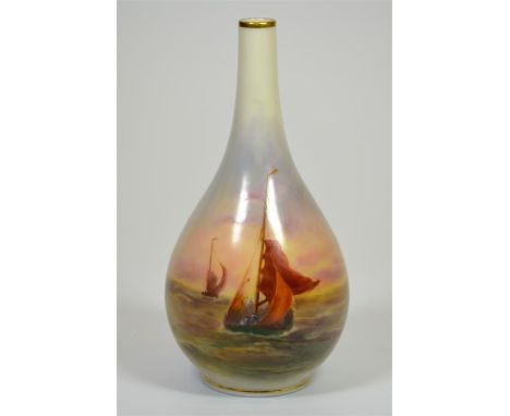 A Royal Worcester vase, with sailing ships decoration, signed H. Stinton, date code for 1906. Printed marks. Height 15cm.