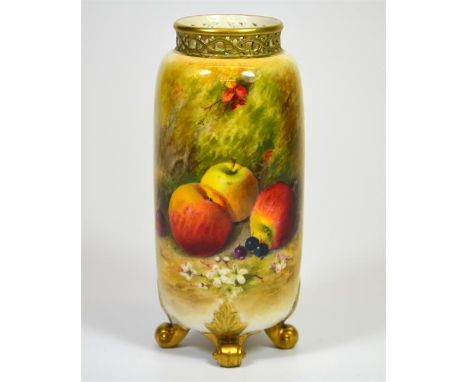 A Royal Worcester reticulated vase, with fruit decoration, signed Ricketts and date code for 1926. Printed marks. Height 15cm