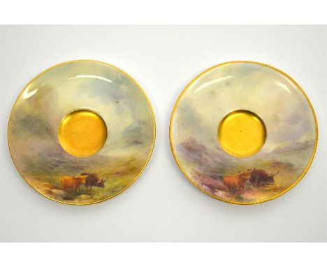 A pair of Royal Worcester saucers, with Highland cattle decoration, signed H. Stinton and date code for 1920. Printed marks. 