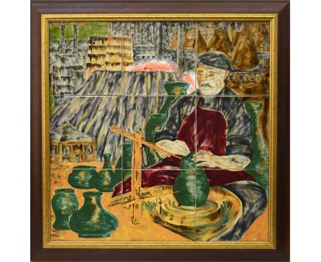 A Cobridge stoneware nine tile, 'The Potter'. Dated 98. Impressed and painted marks. 90cm x 90cm.