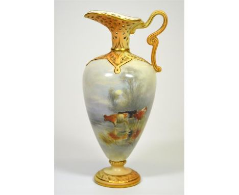 A Grainger Worcester Royal China Works reticulated ewer, with lowland cattle decoration, pierced neck and shoulders. Attribut