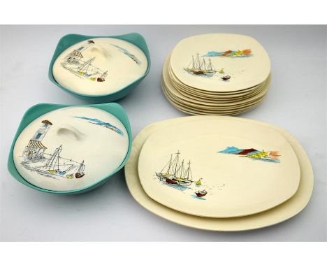 A Midwinter fashion shape part dinner service 'Cannes' drawings by Sir Hugh Casson, circa 1950. (16)