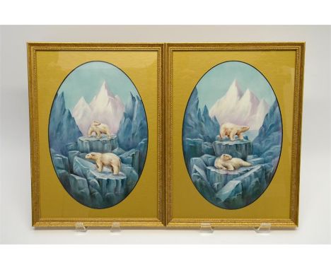 A pair of porcelain oval plaques, handpainted with polar bear scenes, signed P. English (a former Royal Worcester artist). Gl