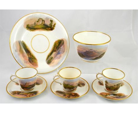 A Royal Worcester part tea set, painted with British named scenes of landscape by R Rushton, some signed circa 1910. (26+ pie