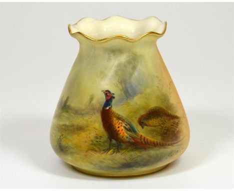 A Royal Worcester blush posy vase, with pheasant decoration. Signed by James Stinton. Date code for 1916. Height 8.5cm.