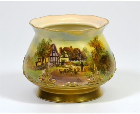 A Royal Worcester vase, with sheep in front of a thatched cottage Nr Evesham decoration, signed J. Hendry and date code for 1