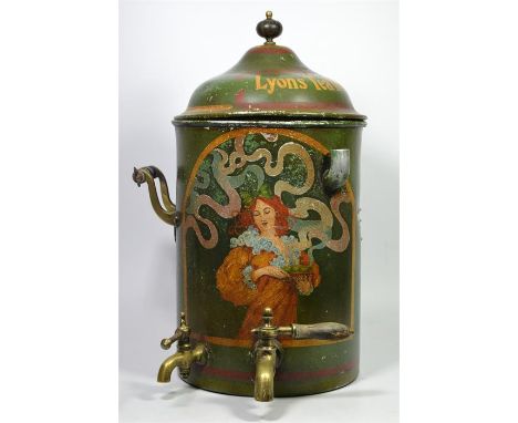 A Lyons Tea House urn, with brass and wooden handles and a ceramic liner, circa 1910. Height 48cm, diameter 26.5cm.