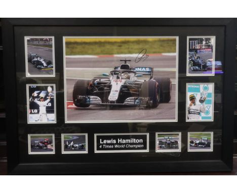 Lewis Hamilton signed publicity shot photograph, mounted as part of a montage and framed, overall 82 x 57 cm, with CoA. Not a