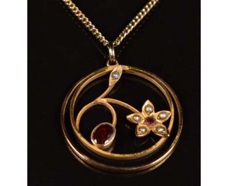 Edwardian 9ct gold&nbsp;pendant set with garnets and seed pearls on 9ct gold chain with barrel clasp, 5.5g&nbsp;