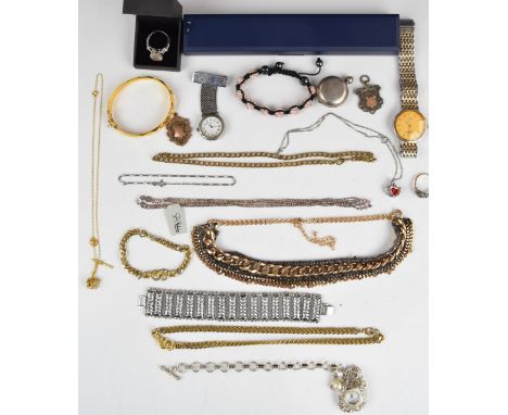 A collection of silver jewellery including ring, two fobs, necklace, bracelet and ring, 10k gold pin (0.5g) etc