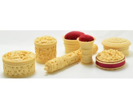 Sewing, needlework and embroidery interest seven vegetable ivory / bone needle cases, pin cushions and patch boxes, tallest 1