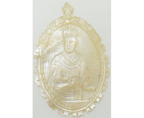 19thC carved mother of pearl religious grand tour or pilgrimage plaque, possibly Camino Way, 9 x 6cm