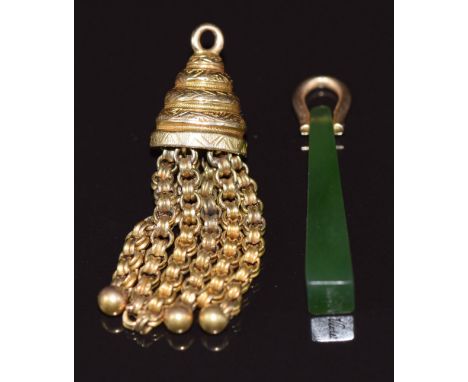 A nephrite jade pendant / seal with 9ct gold loop engraved to base and Victorian 9ct gold tassel charm (3.1g)