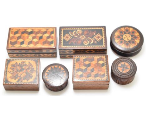 Sewing, needlework and embroidery interest&nbsp;seven Mauchline ware patch boxes, largest 5.5 x 3.5cm