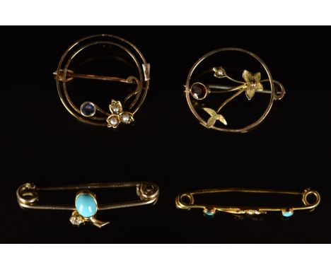 Edwardian 15ct gold brooch set with a sapphire and seed pearls (2.6g), three 9ct gold brooches one set with turquoise and see