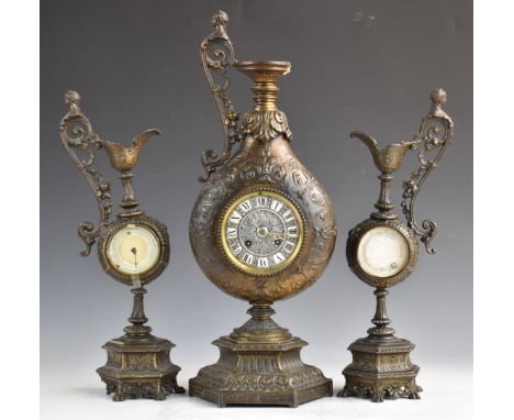 French clock garniture, the clock marked H.P.&amp;co, stiking on a bell, the garniture housing a barometer and thermometer, h