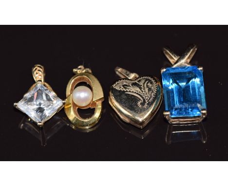 Three 9ct gold pendants, one set with a pearl and one with topaz, the other a locket (9.8g) and a 14k gold pendant set with c