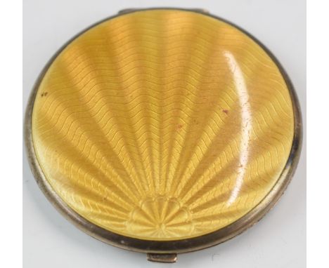 Art Deco hallmarked silver and yellow guilloché enamel compact, Birmingham 1935, maker&nbsp;Beddoes &amp; Co, diameter 7cm, w