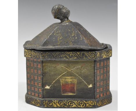 18th / 19thC octagonal lead tobacco jar with figural bust finial and painted decoration, height 14cm