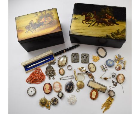 A collection of jewellery including silver Bond Boyd brooch, coral beads, 9ct gold brooch, Wedgwood ring and brooch, Victoria