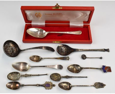 Georgian and later hallmarked silver cutlery including enamel decorated example and one set with an amethyst, length of longe