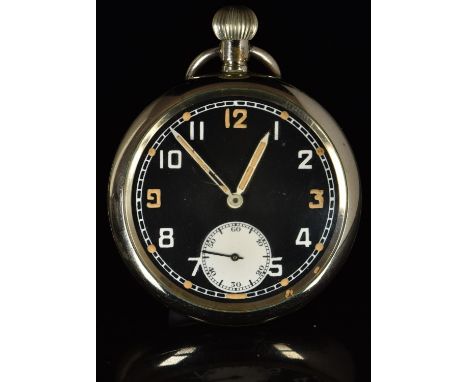 Unnamed keyless winding open faced military pocket watch with white subsidiary seconds dial, luminous hands, Arabic numerals,