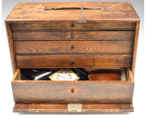 Collector's or tool chest marked Neslein and contents, mostly watches including Westclox, Sindaco, Smiths Empire and Timex wr