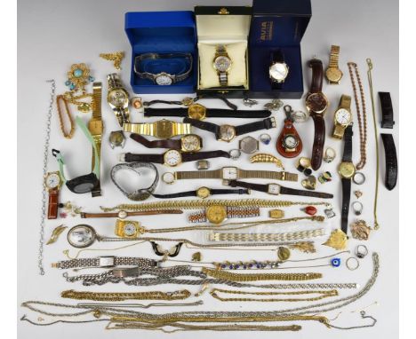 A collection of costume jewellery and watches including Rotary, Avia, Timex, 9ct gold chain (2.2g), etc&nbsp;