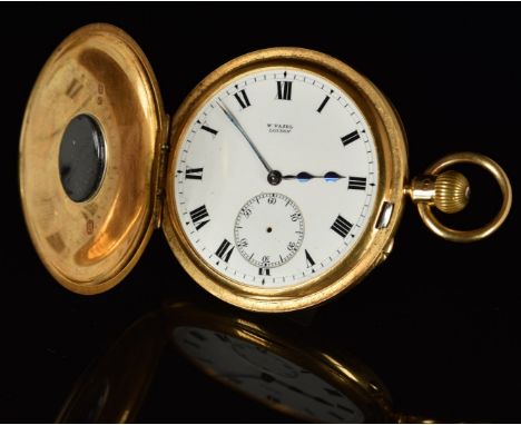 W Vasel 9ct gold keyless winding half hunter pocket watch with subsidiary seconds dial, blued hands, black Roman numerals, wh