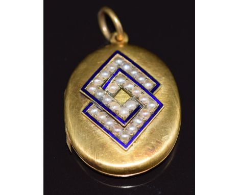 Victorian yellow metal locket set with seed pearls and blue enamel, 7.6g