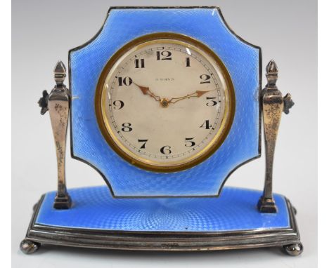 Art Deco hallmarked silver and blue&nbsp;guilloché&nbsp;enamel dressing table clock with 8 day movement, Chester 1928, maker&