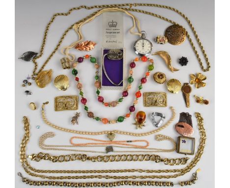 A collection of costume jewellery including Sarah Coventry and Monet brooches, coral necklace, Smiths stopwatch etc