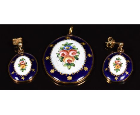 A 9ct gold pendant set with an enamel panel depicting flowers on a blue ground, with matching earrings&nbsp;