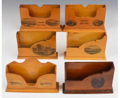 Six Mauchline ware letter / stationery racks for Lodmore Waterfall, Hastings Castle, two Markinch, two 'pictorial postcards' 