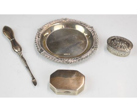 Hallmarked silver pin tray, hallmarked silver octagonal pill pot, pill pot embossed with an elephant and marked 925 and a hal