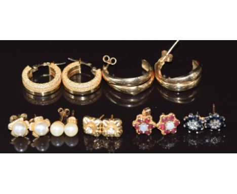 Six pairs of 9ct gold earrings including opal and ruby, sapphires, pearls, etc (4.9g) and a pair of silver gilt earrings