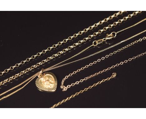 A 9ct gold necklace / chain, 9ct gold St Christopher and two sections of chain, 10.9g&nbsp;