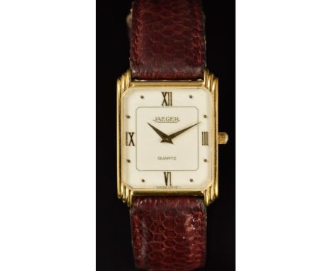 Jaeger (LeCoultre) wristwatch ref. 0501-51 with gold dauphine hands, hour markers and Roman numerals, white dial, gold plated