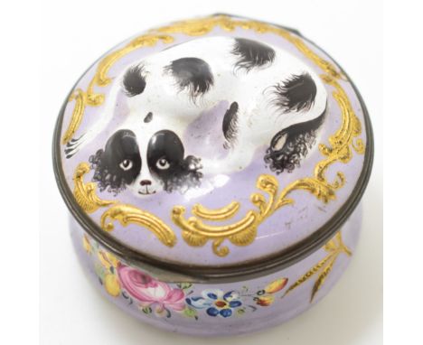 19thC Bilston or similar enamel circular hinged box decorated with a recumbent spaniel in relief, diameter 3.5 x height 5.5cm