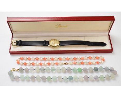 Coral and pearl necklace with 9ct gold clasp, fluorite necklace&nbsp;and a Rotary wristwatch