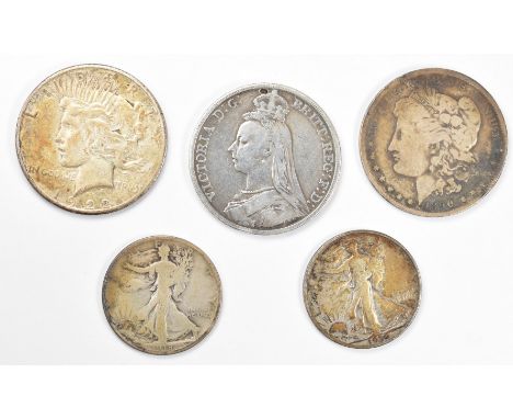 1890 Morgan USA silver Dollar, a 1922 Liberty Dollar, two walking Liberty half Dollars 1918 and 1936 and an 1890 Queen Victor