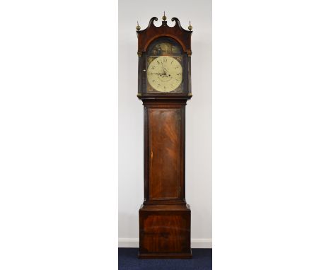 Thomas Mear, Dursley 8 day flame mahogany cased longcase clock, the white enamel dial with painted arch above, height 242cm
