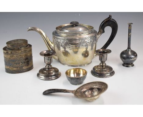 Danish silver and silver plate comprising silver tea strainer and stand with early 20thC silver marks, length 17cm, and a sil