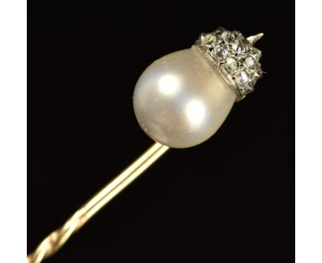 Victorian 9ct gold stick pin set with a faux pearl and foiled rose cut paste in the form of an acorn&nbsp;